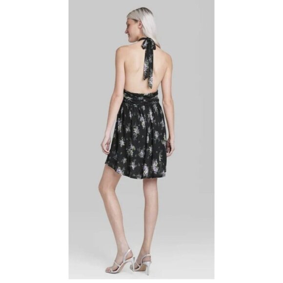 Womens Size S Black Floral Halter Mini Dress With Open Back Lined Sexy Party - Picture 2 of 11